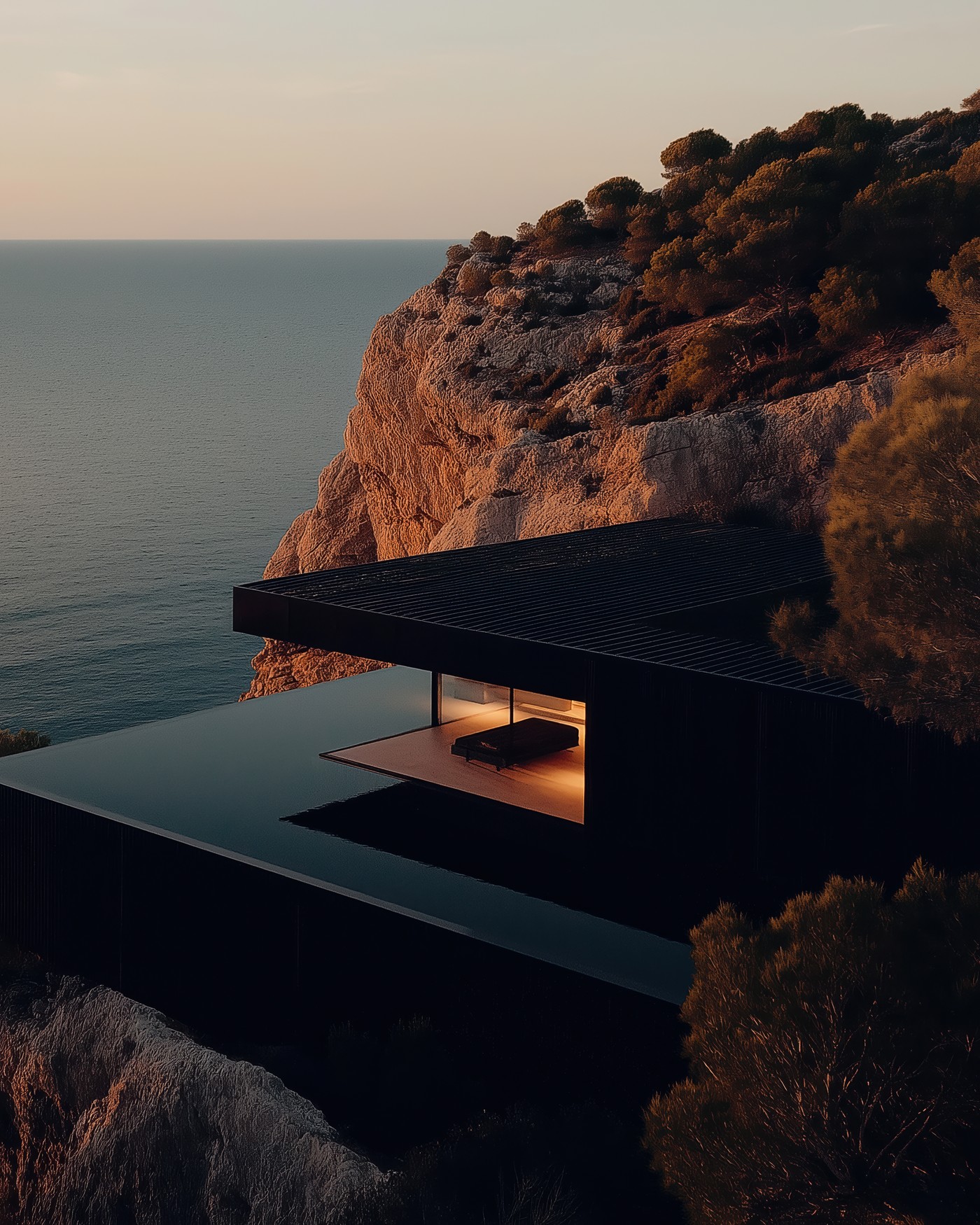 Villa moderne face à l’océan au coucher du soleil